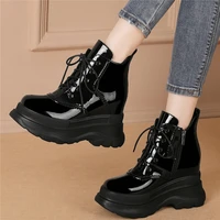 high heel ankle boots women genuine leather brogue oxfords lace up round toe platform wedge high heels military