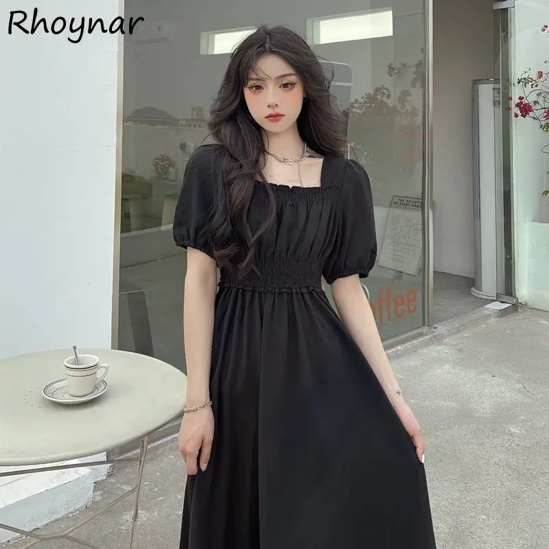 

Dresses Women Solid Cool Girls Fashion A-line Folds Puff Sleeve Students Ulzzang Chic Breathable Casual All-match Square Collar