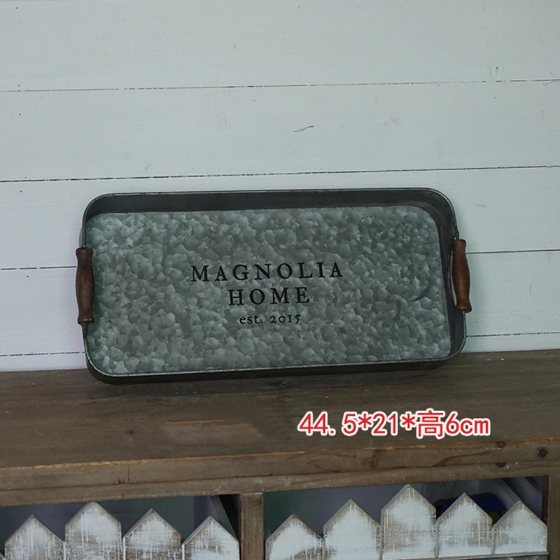 

Wood Handles Galvanized Vintage Metal Serving Tray Rectangular