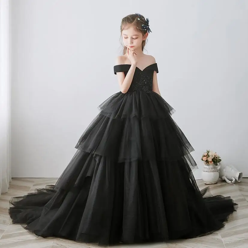 

Black Tulle Girls Dresses For Wedding Beads Lace Long Girl Dress Party Christmas Gown Children Princess Evening Baptism Costume