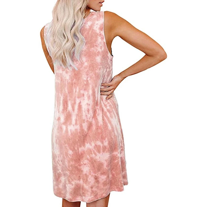

2020 Latest Women Fashion Dress O-neck Tie Dye Printed Sleeveless Knotted Loose Casual Mid-Dress