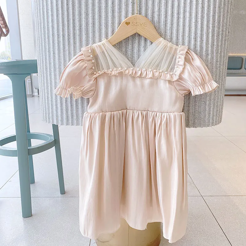 

Summer 2021 New Arrivals Girls Short Puff Sleeve Square Collar Mesh Red Solid Cute Princess Dress 18M-6T