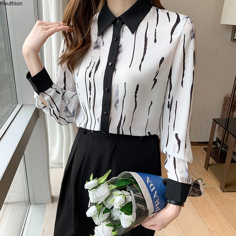 

Chiffon Loose Women's Shirts New Fashion Blouses Casual Long Sleeve Blusas Printing Buttons Polo Shirts Autumn Houthion