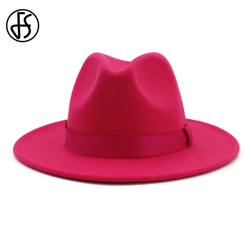 FS женская розовая шерстяная фетровая шляпа для джаза Fedora модная Trilby с широкими