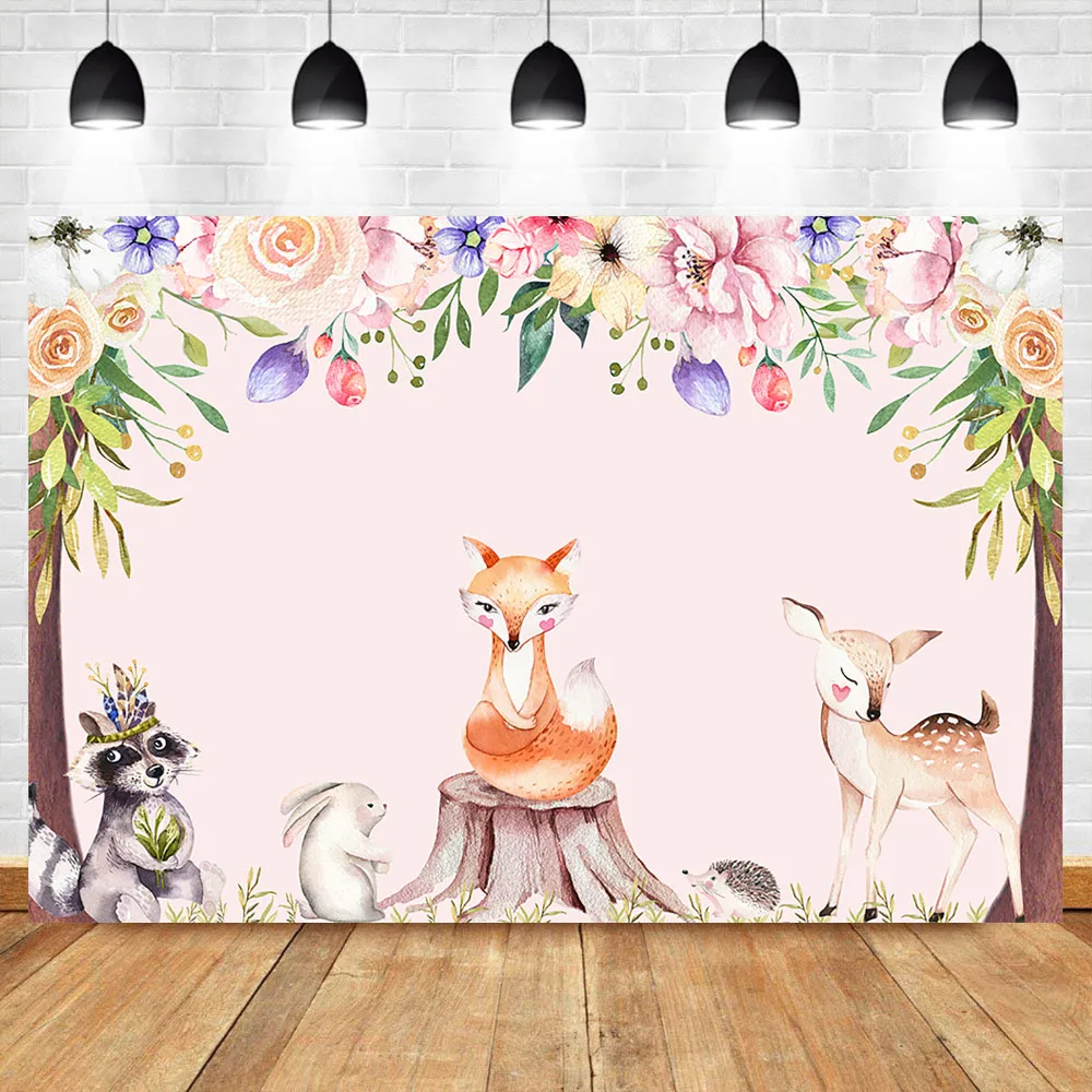 

Woodland Birthday Backdrop Safari Animal First Birthday Party Photography Background Sweet Table Baby Shower Banner Backdrops