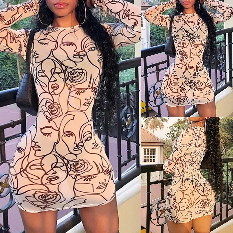 

See-Through Mesh Cloth Summer Dress Slim Fit Long Sleeve Casual High Street Party Sexy Mini Dress Women