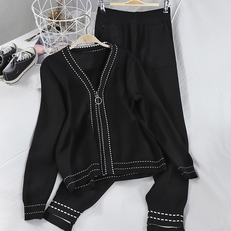 

Women Casual Tracksuit Knitted Coat And Long Pants Suit 2020 Autumn New V-Neck Zipper Cardigans + Trousers 2 Piece Set Female