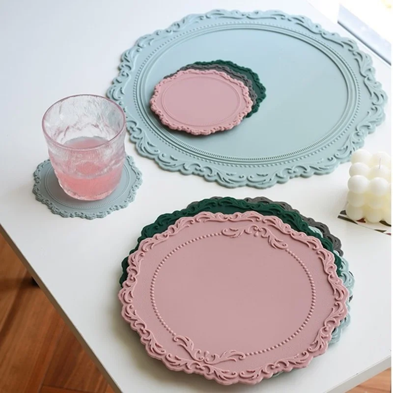 

12.5 23 35CM Placemat Lace European Embossed Silicone Household Heat Pad Coaster Bowls and Pot Mats Table Mats for Dining Table