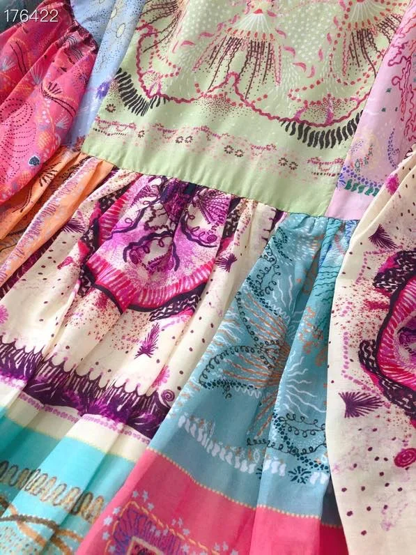 

Spring/Summer 2021 Holiday Wind National Wind Printed Horn Sleeves Hit ColorEd Body Drop Lotus Edge Dress