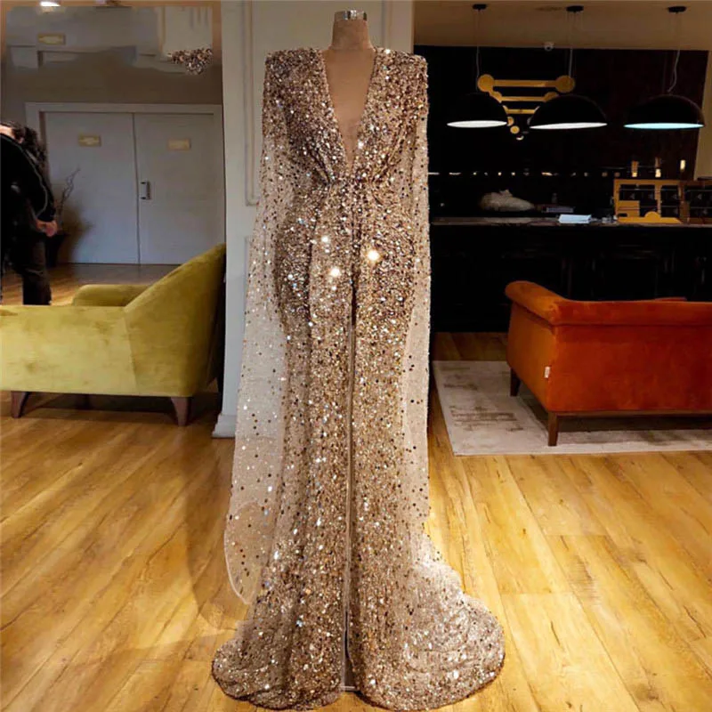 

Arabic Champagne Evening Dresses Aibye See Thru Long Formal Dress Robe de soiree Shining Sequined Party Gowns vestido de festa