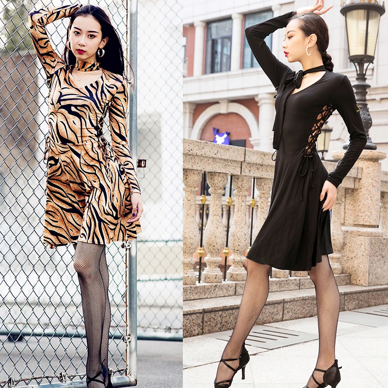 Платье для латинских танцев женское взрослое элегантное черное/леопардовое с