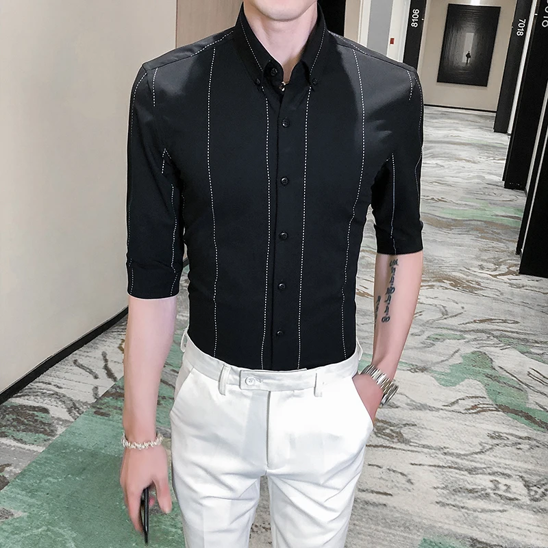 Мужская приталенная рубашка в полоску повседневная классическая с коротким