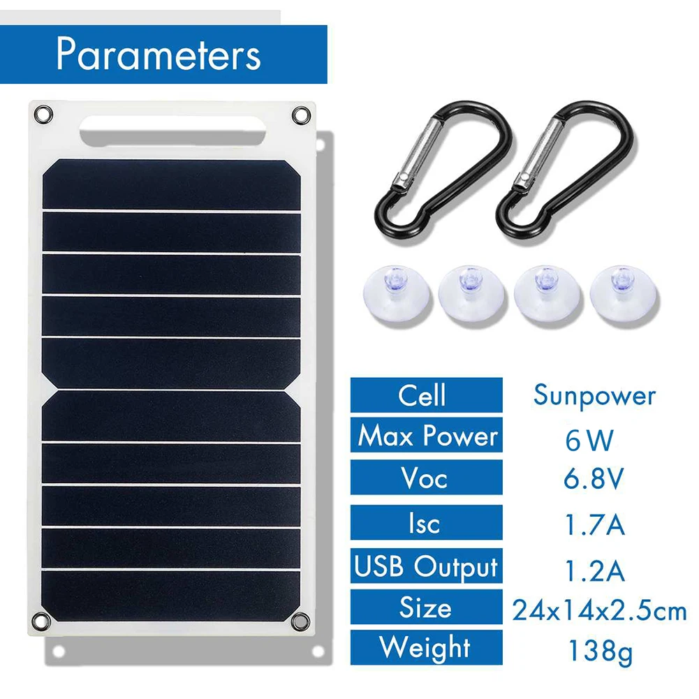 

6W USB Solar Panel 5V Outdoor Waterproof Hike Camping Portable Cells Power Bank Battery Solar Charger for Traveling Phone Charge