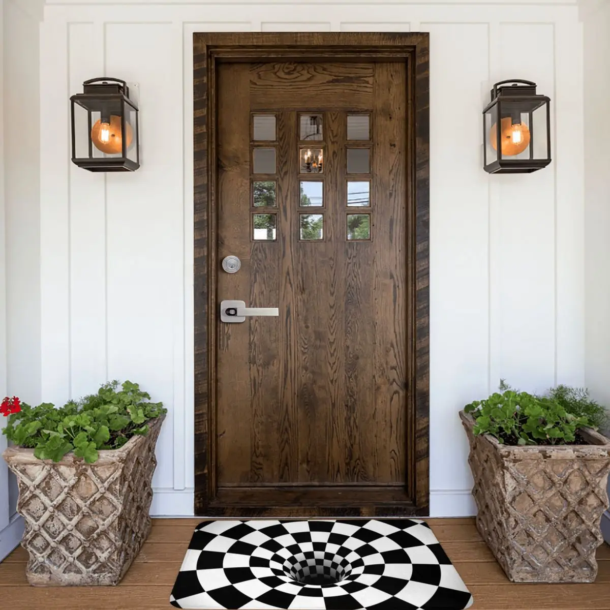 Придверный коврик в шахматную клетку с черными отверстиями оптической иллюзией