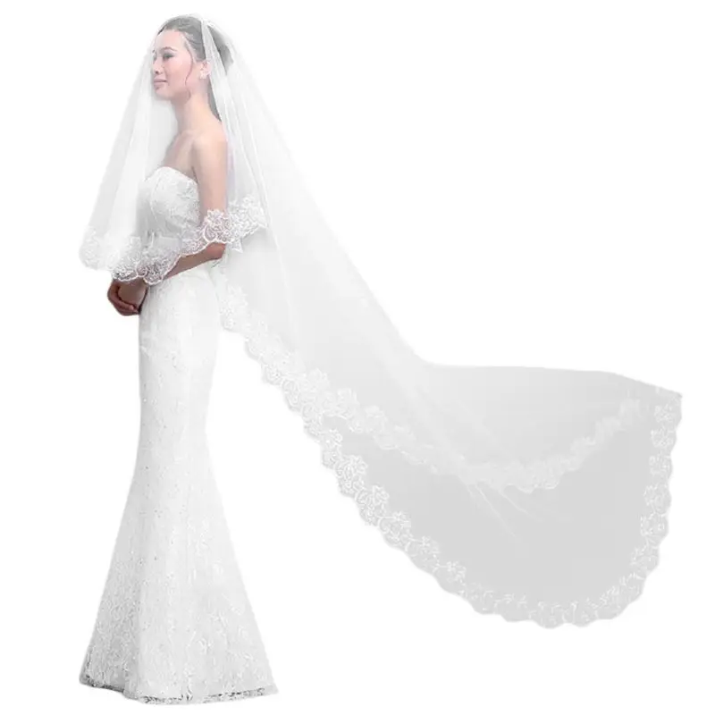 

LXAE Women Pure White Wedding Veil 3M Long Embroidered Floral Lace Scalloped Edge Bridal Cathedral 1 Layer Party Accessories