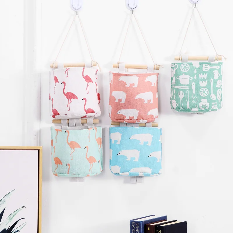 Настенная сумка для хранения из хлопка и льна с рисунком фламинго|Украшения