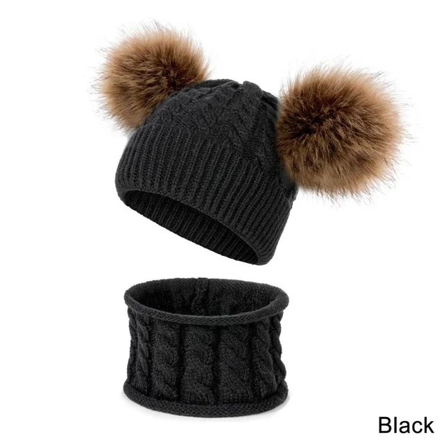 TRUENJOY 2 PCS Children Winter Knitting Hat Pom Pom Knitted Beanie Hat Ring Scarf Set for Kids Winter Skullies Hat boys girls - Цвет: O