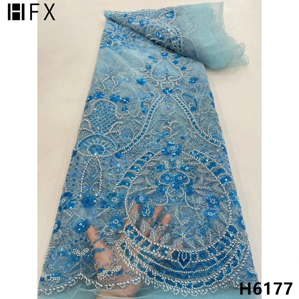 

HFX 2022 5 ярдов Роскошная синяя французская кружевная ткань ручной работы из бисера с блестками сетчатая Тюлевая кружевная ткань для свадебно...