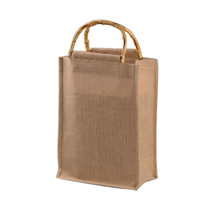 

Portable Burlap Jute Shopping Bag Handbag Bamboo Loop Handles Reusable Tote QXNC