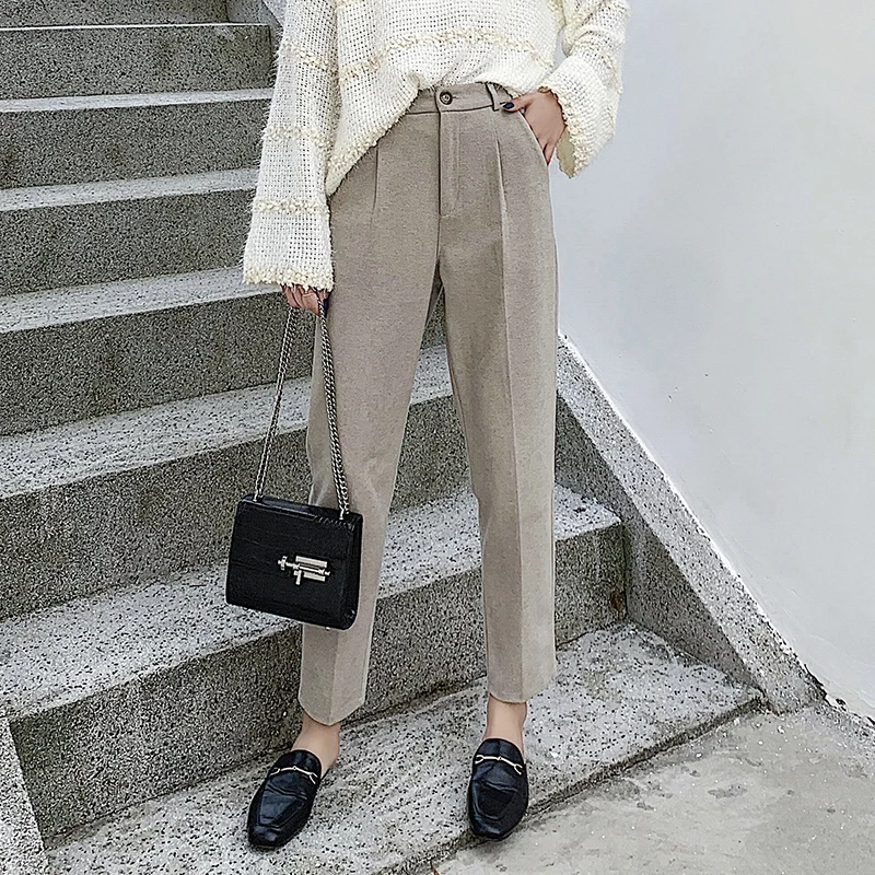 Женские шерстяные брюки 2019 осень зима модные толстые теплые с высокой талией