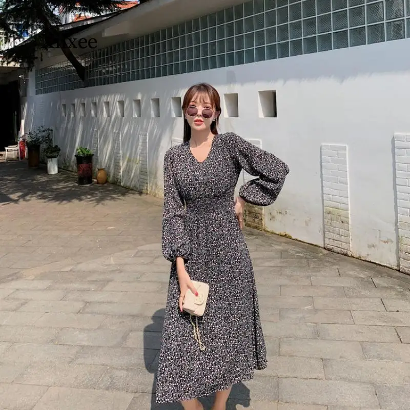 

Vintage Floral V Neck Midi Dress Lantern Sleeve a Line Elastic High Waist Dresses Elegant Women Casual Spring Summer Clothing
