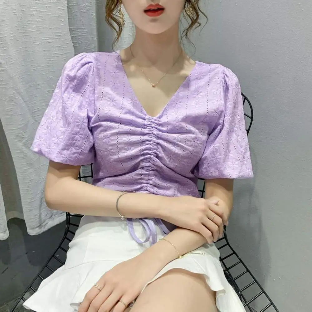 

Solid Cotton Short Sleeve T-shirts V-neck Drawstring Women Short Tops Puff Sleeve Tees Purple White Size M L XL Free Shipping