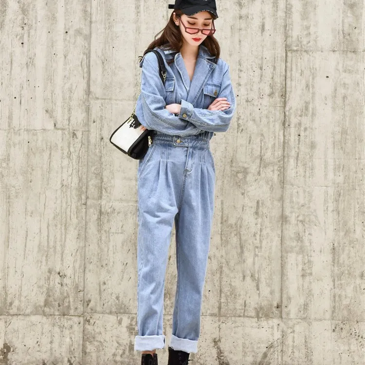 2019 New Solid Denim Jumpsuit Women Lapel Long Sleeve High Waist Jumpsuits Female Retro Casual Jeans Rompers | Женская одежда
