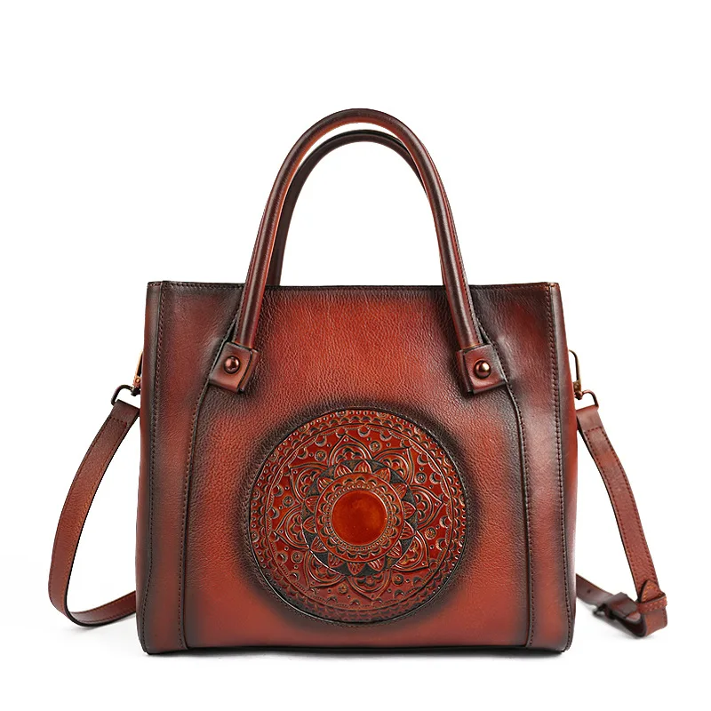

Retro totem leather handbags large capacity multi-compartment 2021 new first layer cowhide bag