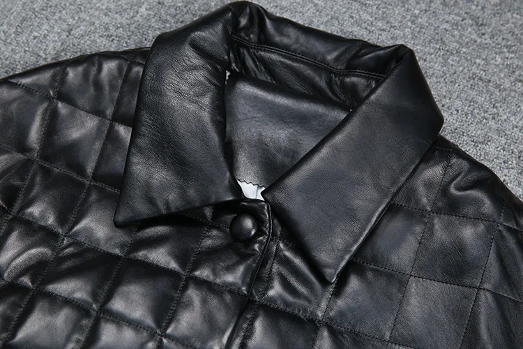 Spring Autumn Korean Style Women's High Quality Sheepskin Pocket Overcoat Chic Genuine Leather Plaid Loose Quilting Jackets F056
