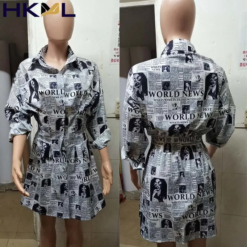 

Women Long Sleeve Shirt Dress Newspaper Print Turn Down Collar Button Up Casual Mini Shirt Dress