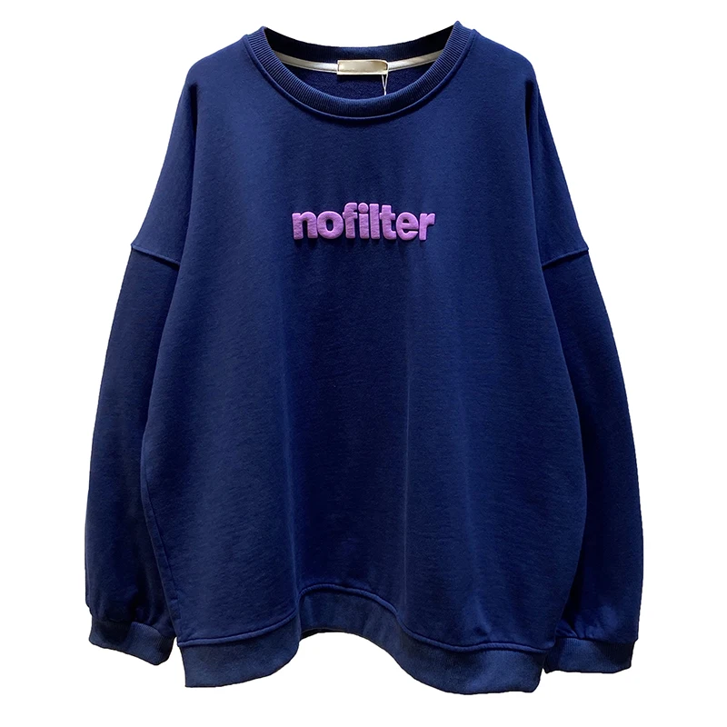 

Spring and Autumn Offset Printing Letter Terry Cotton Crew Neck Sweatshirt Retro Solid Color Casual Tops Coat Women