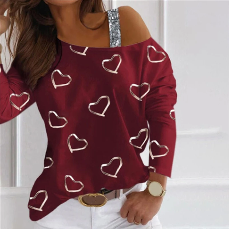

Sexy Women Long Sleeve Hollow Out Blouse Love Heart Print One Shoulder Pullover 2021 Spring Ladies Blouse