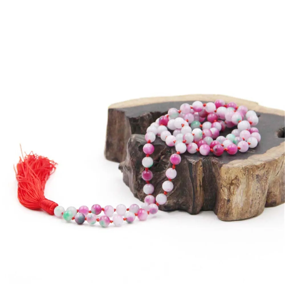 

6mm Natural Peachblossom Stone Hand Knotted 108 Prayer Bracelet Yoga Necklace Fashion Female Red Tassel Sweater Chain Wholesale