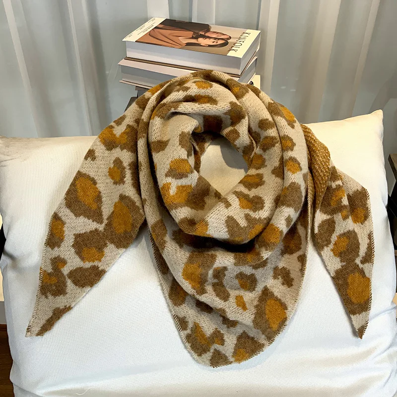 

2021new leopard imitation cashmere big triangularScarf fashionable women's scarf knitted cold proof warm scarf shawlDual purpose