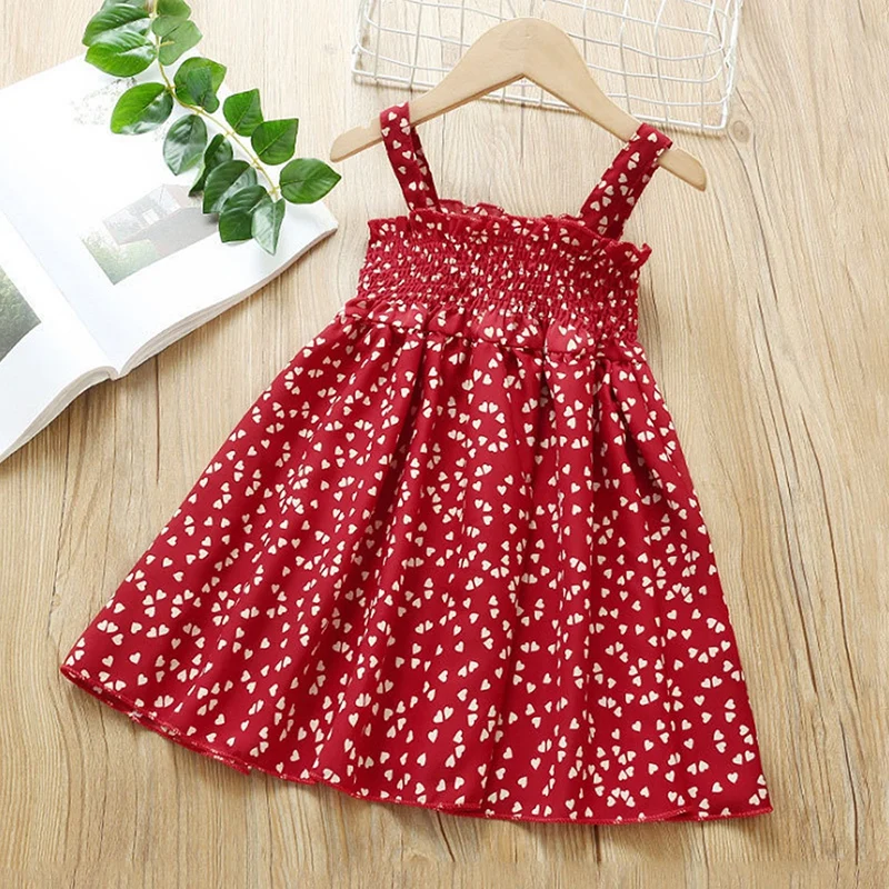

Summer Girls A-line Short-sleeved Love printing o-neck Dress Sling Suspender Princess party Backless Knee length Frocks