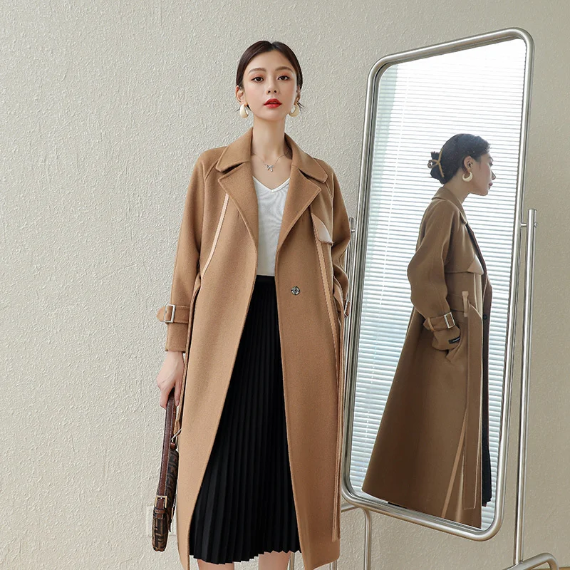 

2021 autumn and winter new splicing leather double-sided cashmere coat women's double-sided wool coat suit collar