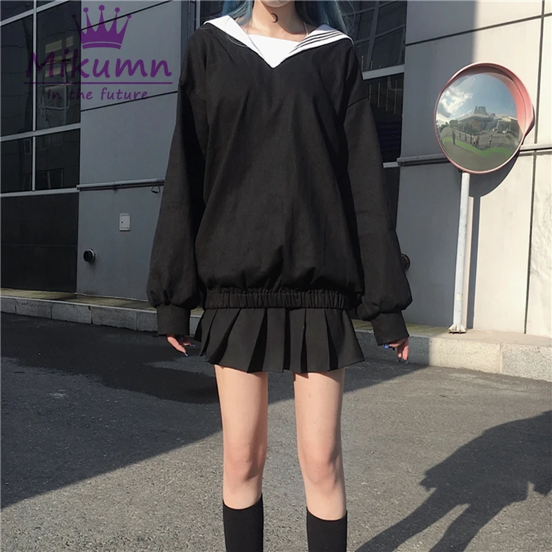 Harajuku толстовка с матросским воротником женские толстовки Панк готика девушка уличная черный Пуловеры Весна Осень ученическая школьная форма