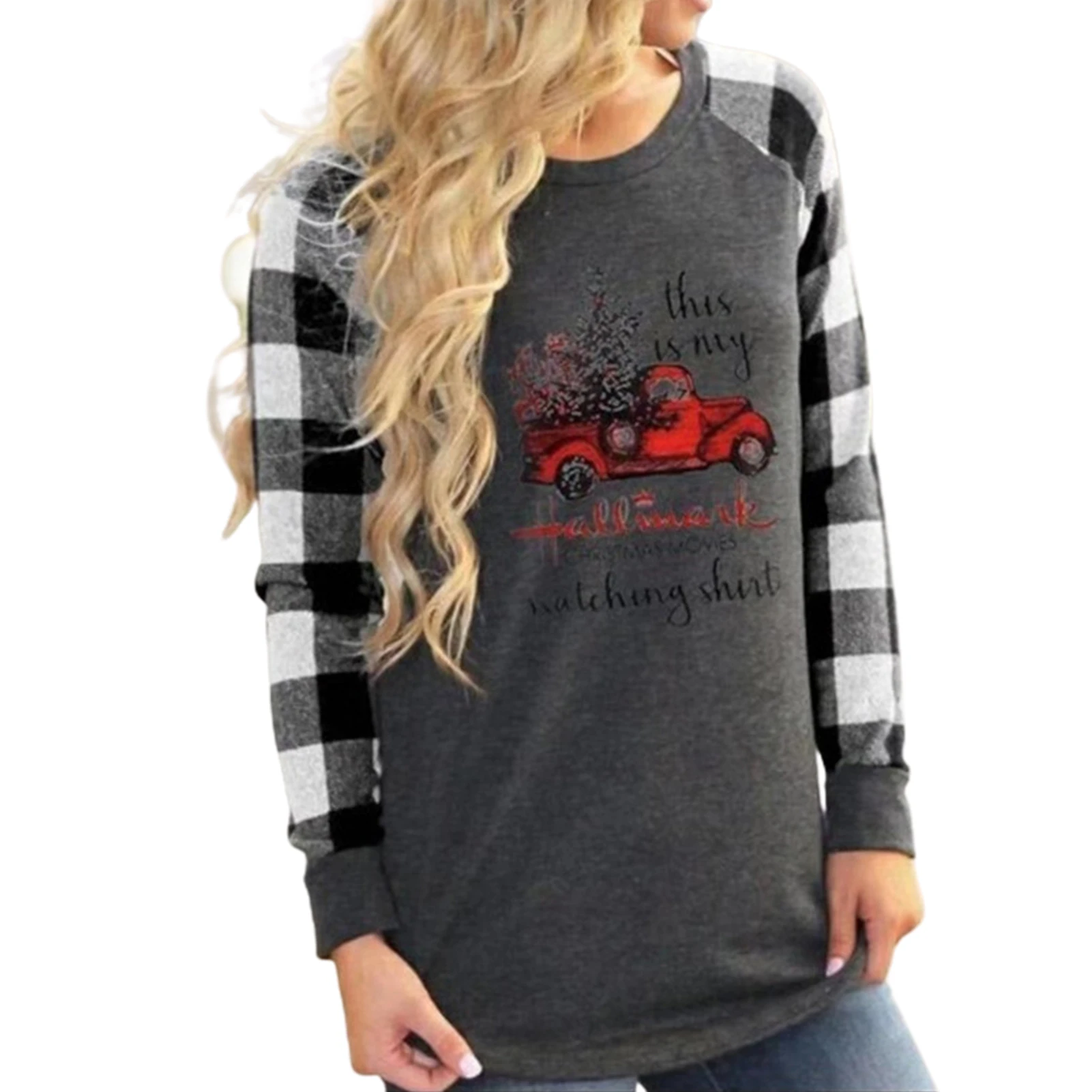 

Women Christmas Plaid Raglan Sleeve Blouse Pullover Sweatshirt Women Tops Pullovers Winter Tunic Top Truck Letters Print T-shirt