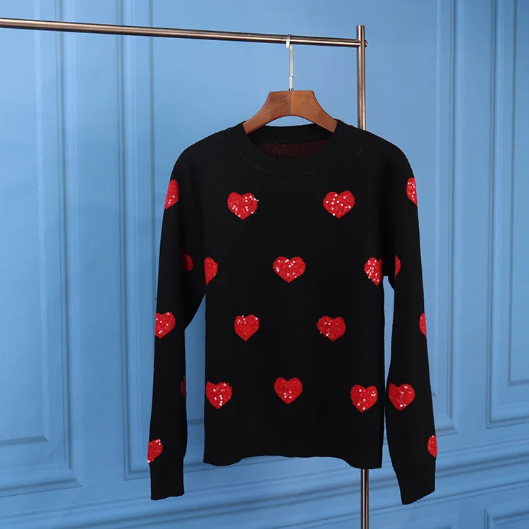 

Autumn and Winter Sweater Women's Love Sequin Sweater Pullover Sweater Top