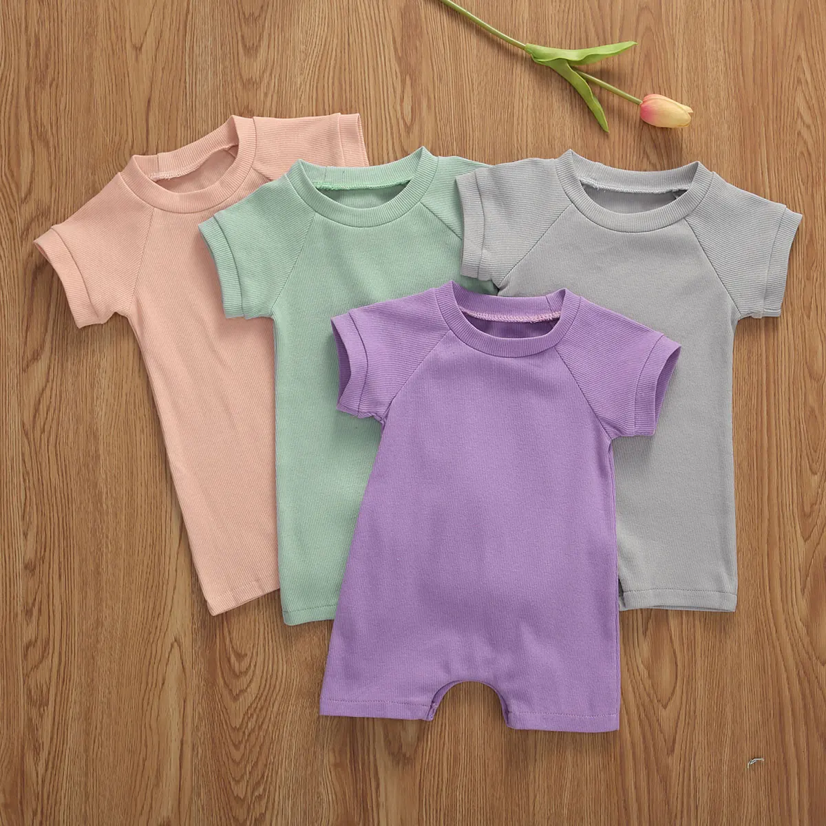 

Unisex Baby Summer Short Sleeves Round Collar Cotton Solid Color Simple Style Romper Casual baby Rompers
