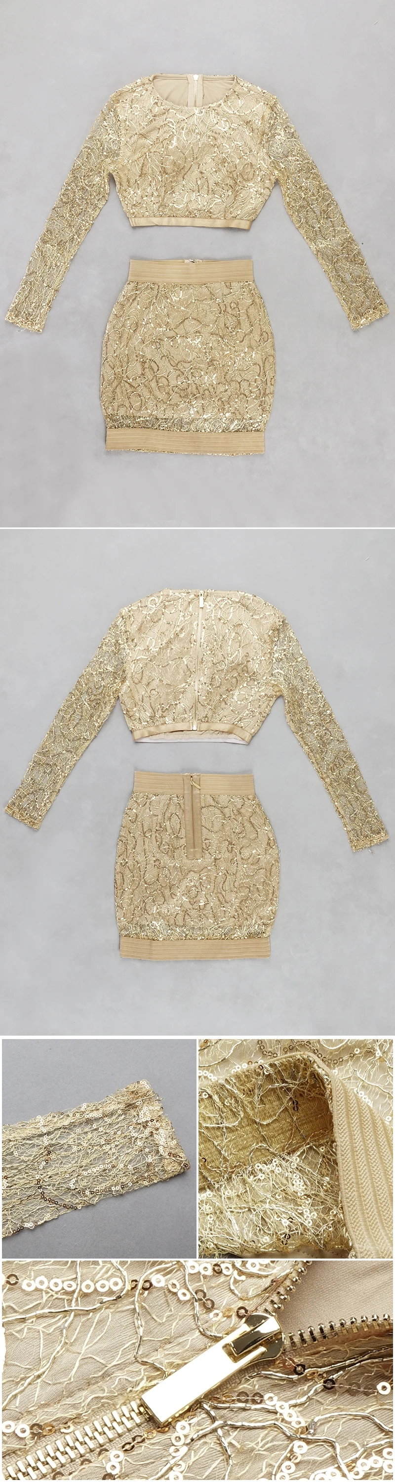 VC All Free Shipping New Chic Golden Sequins Long Sleeves Mini Skirt Two Pieces Celebrity Party Club Tops Skirt Suit