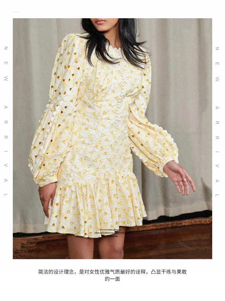 

Dresses for Women 2021 Spring New Fashionable Elegant round Neck Hollow-out Lantern Sleeve Waist Hem Short Dress