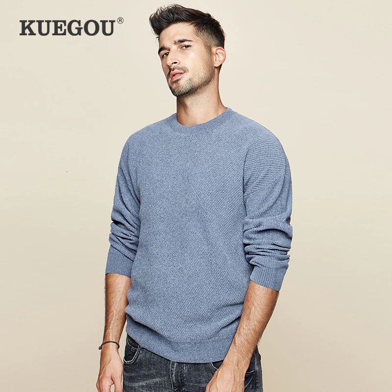 KUEGOU 2019 Осенний полосатый свитер черного и синего цвета Мужской пуловер