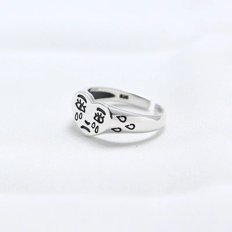 

Retro silver love crying face open ring suitable for women punk hip hop adjustable ring fashion jewelry best gift