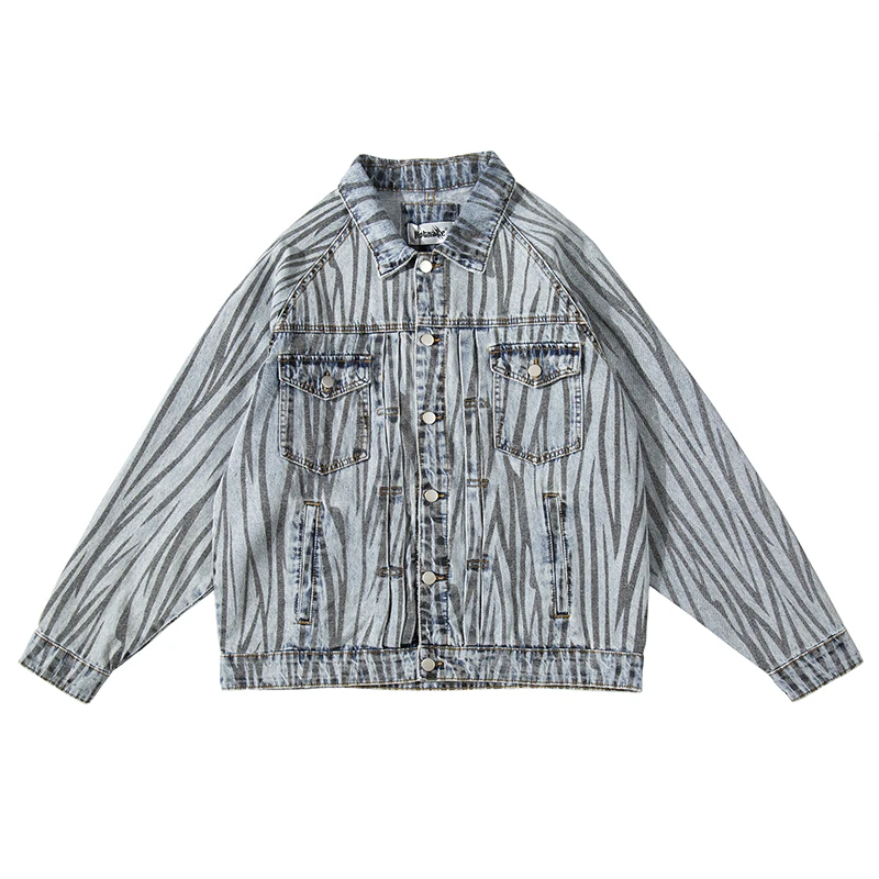 

Original Zebra Print Washed Retro Jeans Mens Lapel Streetwear Oversize Windbreaker Denim Jackets Harajuku Hip Hop Jean Coat