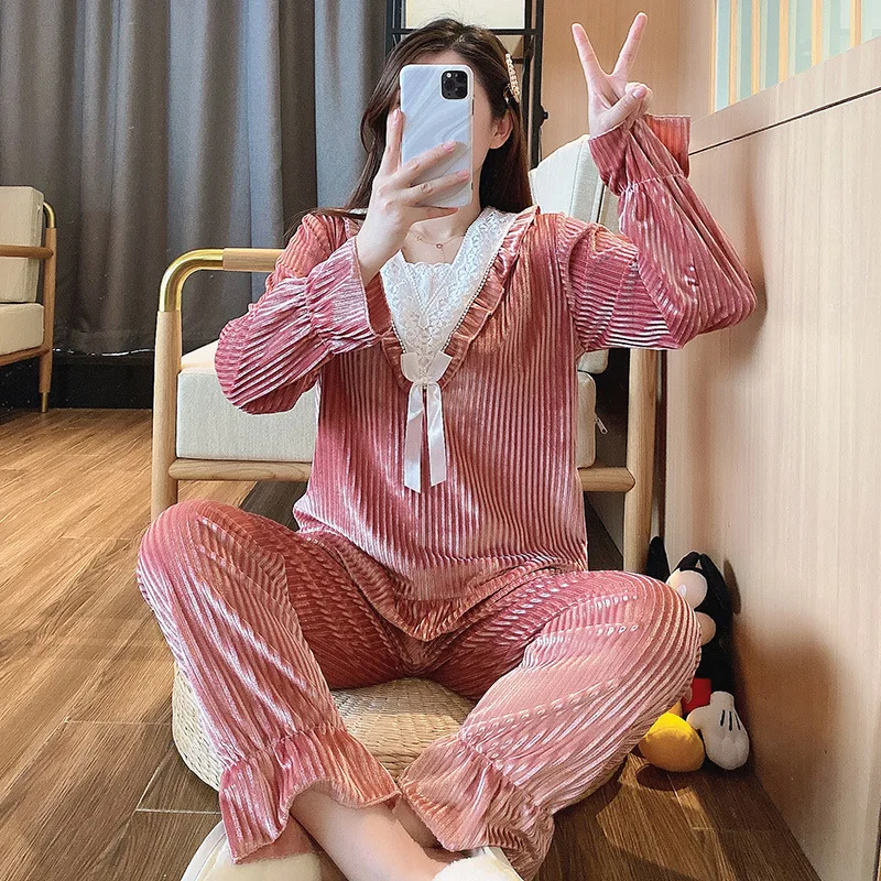 

Casual Pijamas Suit Loungewear Velour Winter Loose Pajamas Set Women Lady Trousers 2PCS Lace Floral&Bow Long Sleeve Shirt&Pants
