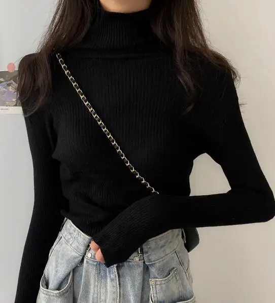 

Fashion women's high collar solid color base pullover all-match sweater top