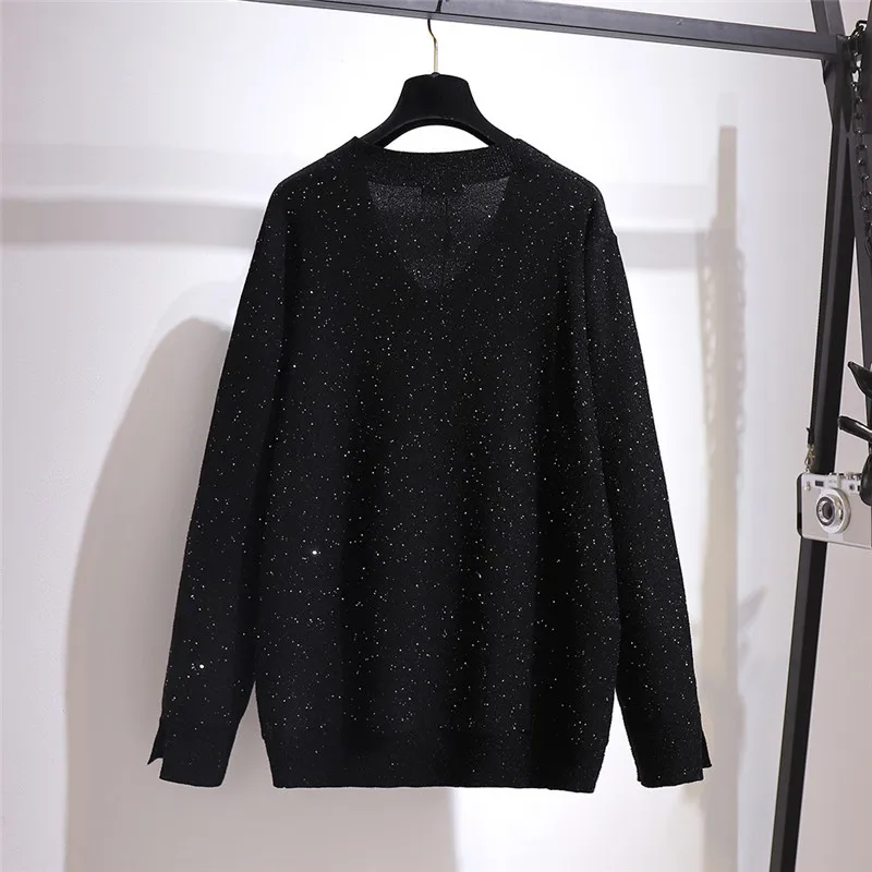 Hodisytian Ins Fashion Women Knitted Sweater Dress Bling Casual V neck Loose Chic Tunic Female Sueter Mujer Plus Size 6XL | Женская