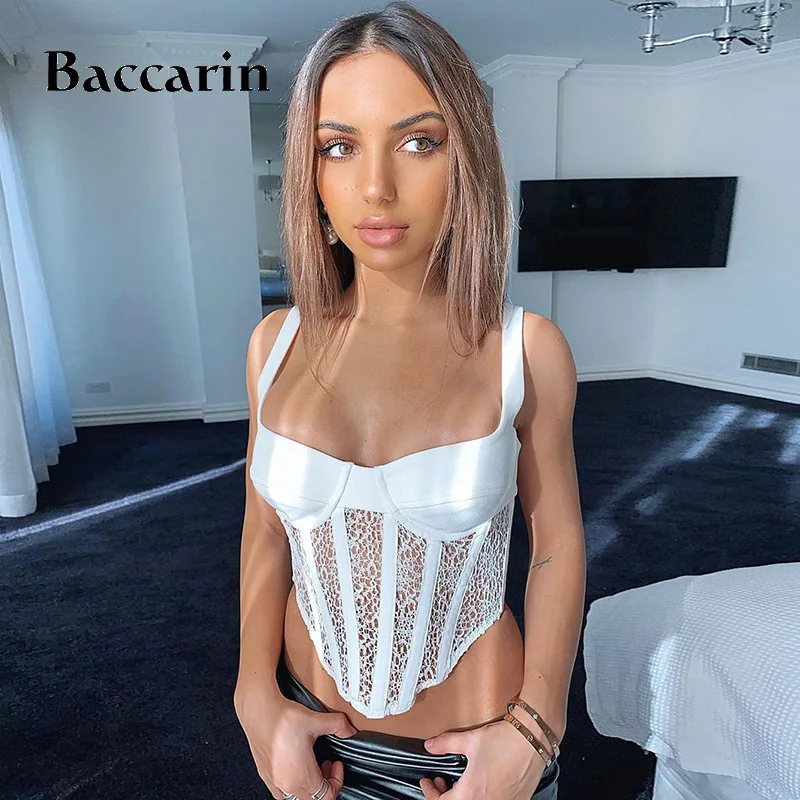 

Baccarin Lace Patchwork Women Corset Top Tube Crops Bustier Strap See Through Sheer Bodycon Sexy Streetwear Party Elegant Club