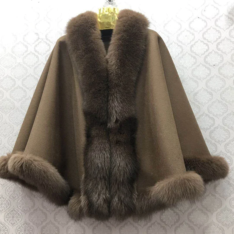 2021 Women Cashmere Capes With Real Fox Fur Hooded Collar Wraps Luxury Female Winter Scarf Stole Pashmina Lady Coat Poncho |